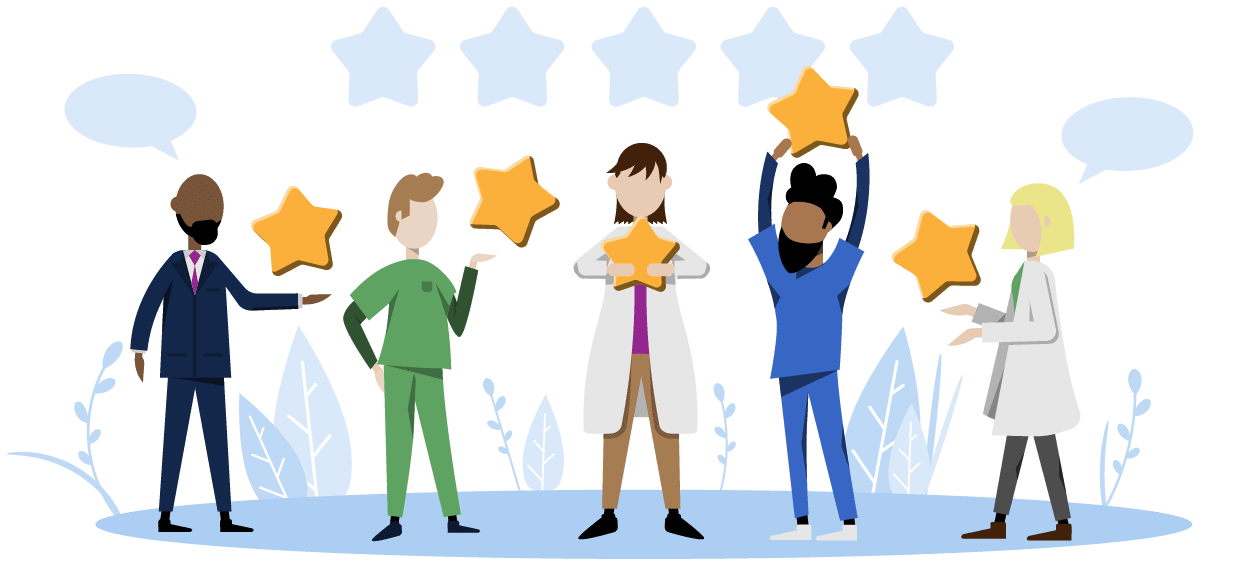 Graphic illustration of medical five medical professionals holding star ratings.